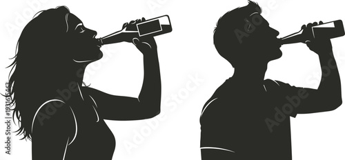 Black and white silhouettes of a man and a woman drinking from bottles, profile views showing person hydrating during a workout.