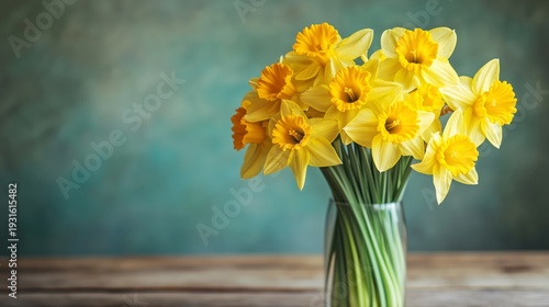 Bright Yellow Daffodils in a Clear Glass Vase on a Wooden Table With a Green ...