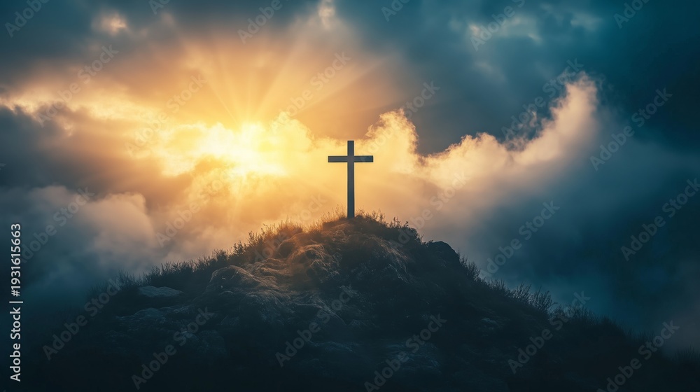 Fototapeta premium Sunset View With a Cross on a Hill in a Mountainous Landscape