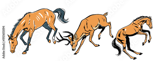 Wild horses and deer artwork. Mountain animals vintage graphic. Outdoors t-shirt vector design. Keep nature wild. Rustic farm and forest animals.