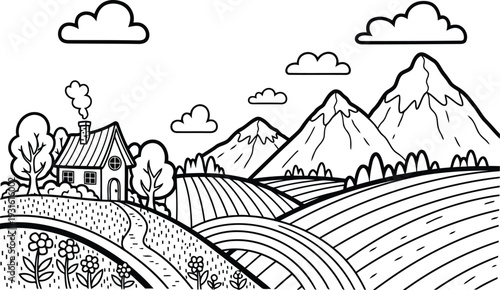 Coloring page of a scenic countryside landscape with mountains and farm fields