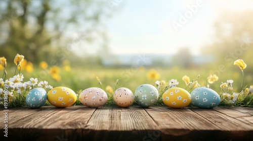 Sunlight Shines on Wooden Table With Eggs and Flowers in a Garden Setting Dur...