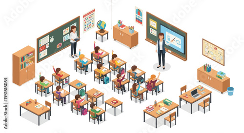 Isometric classroom with students and teachers