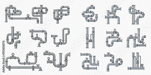 Industrial pipeline system with various metal pipes, valves, and connections for water, gas, or oil transport.