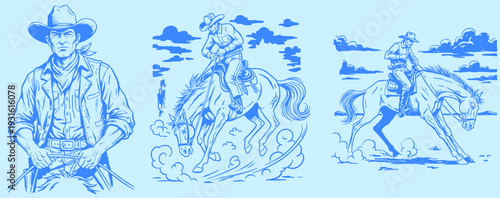 Cowboy riding horse artwork. Wild West rodeo design. Horse racing vector graphic. American Western theme. Cowboy t shirt print design.