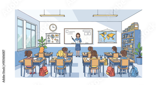 classroom scene with teacher and students