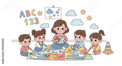 happy children playing with teacher in classroom