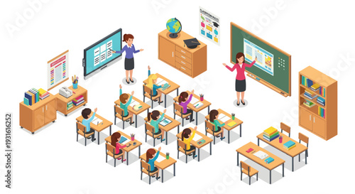 isometric classroom with students and teachers