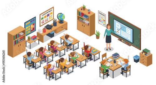 teacher and students in classroom with desks and blackboard