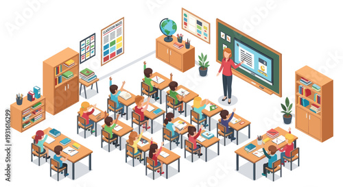 classroom with students and teacher, school education concept