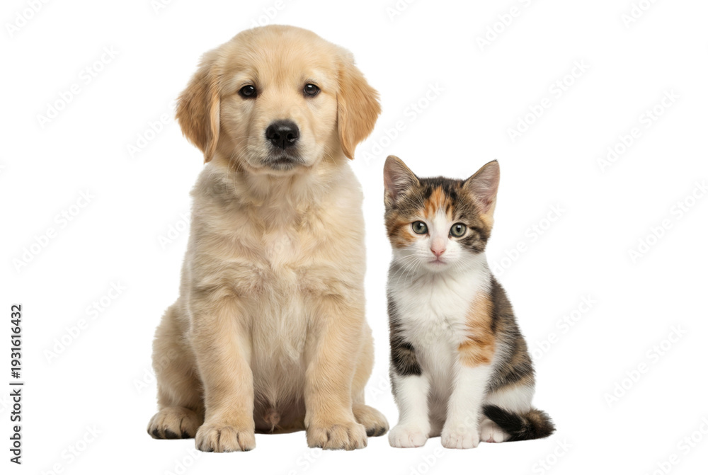 Obraz premium Dog and cat sitting side by side peacefully isolated on pure white background