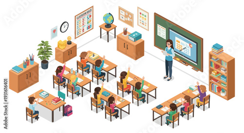 isometric classroom scene with teacher and students