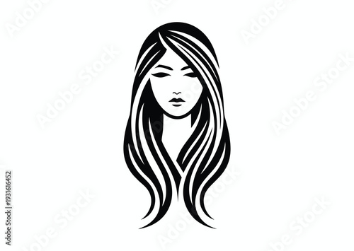 Silhouette portrait of girl with Asian roots, black and white vector logo