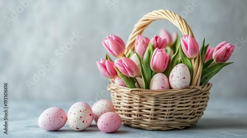 Spring Flowers and Eggs in a Basket on a Light Background for a Festive Celeb...