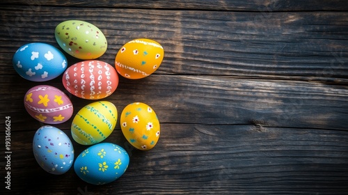 Colorful Easter Eggs Arranged on Wooden Table for Spring Celebration and Holi...