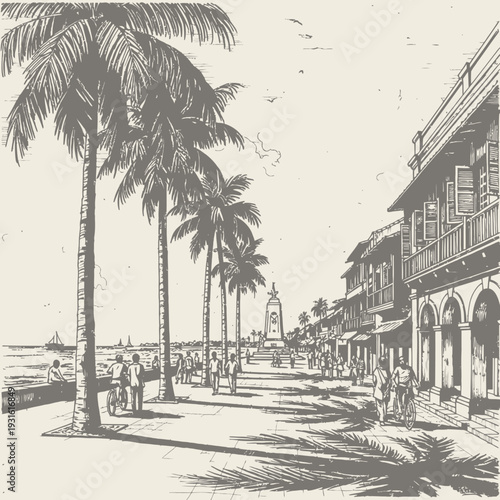 Vintage black and white illustration of a tropical seaside promenade with palm trees and historic buildings.