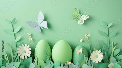 Colorful Paper Flowers and Eggs With Butterflies in a Spring Setting on a Lig...