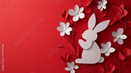 Paper Rabbit on Red Background During Spring Season for Decoration or Art Pro...