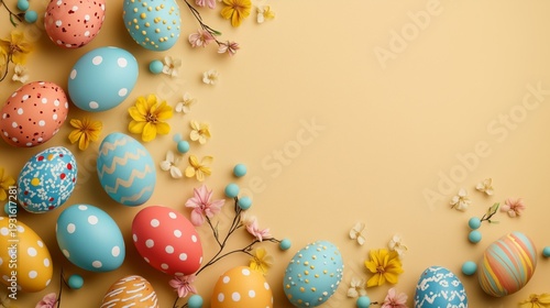 Colorful Eggs and Flowers Arranged on a Light Yellow Background for Spring Ce...