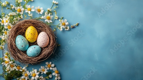 Colorful Eggs and Flowers in a Nest on a Blue Background for Spring Celebrati...