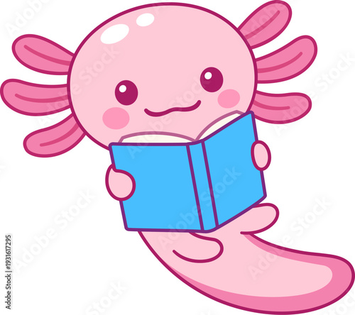 Cute cartoon axolotl character reading a book. Adorable illustration for children, isolated vector clip art.