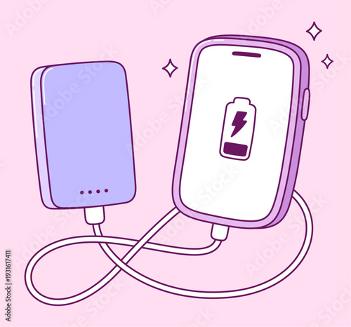 Smartphone charging from a portable power bank. Cute cartoon illustration of phone battery charger. Simple hand drawn vector doodle.