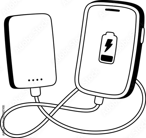 Smartphone charging from a portable power bank. Cute cartoon illustration of phone battery charger. Simple hand drawn black and white vector doodle.