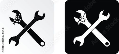 Crossed wrenches for car repair icon on paper square sticker with shadow. Maintenance of technical condition of car. Mobile app button. Vector