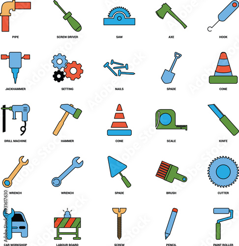 Comprehensive collection of 25 colorful flat design icons for construction machinery, hand tools, and industrial safety equipment with labeled descriptions.