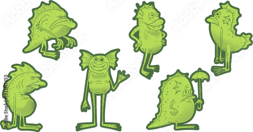 Funny green lagoon monster character set with halftone retro texture. Set cartoon creatures for child game, book, sticker.