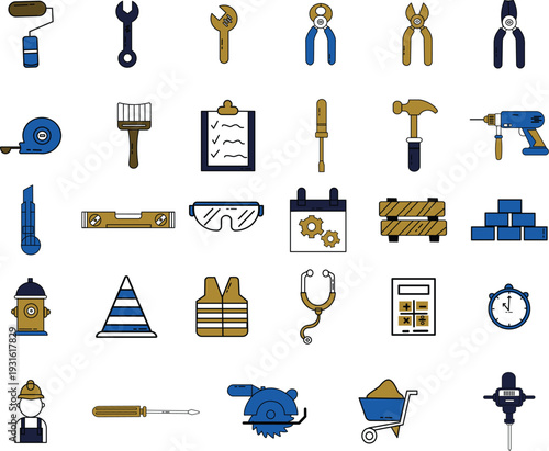 Comprehensive set of 30 colorful flat icons representing construction tools, industrial maintenance, and safety equipment for professional labor.