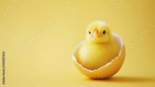 Yellow Chick Hatches From Eggshell on Bright Yellow Background During Springtime