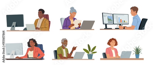 Set of diverse business people seated at desks, engaged with computers and laptops. Flat vector illustrations isolated on transparent background 