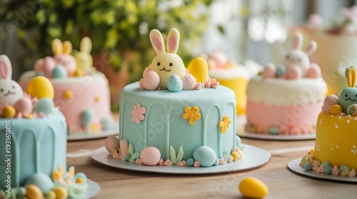 Colorful Cakes With Bunny Decorations on a Table During a Spring Celebration