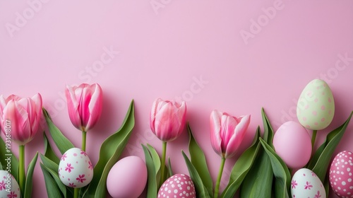 Colorful Eggs and Tulips on a Pink Background for Spring Celebration Activities