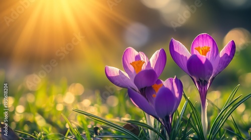 Purple Flowers Bloom in a Field During Sunset With Warm Light Shining Through