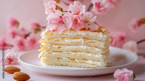 Pancakes With Flowers and Almonds on a Plate Surrounded by Pink Blossoms in S...