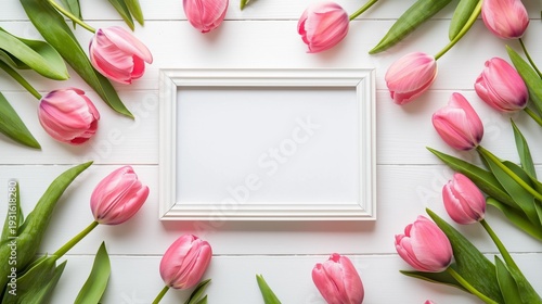 Flowers Surround a Blank Card on a Wooden Surface in a Bright Area During Day...