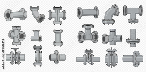 Set of industrial metal pipe fittings, flanges, and valves for plumbing systems.