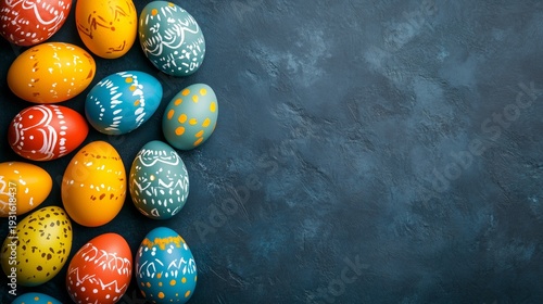 Colorful Decorated Eggs Arranged on a Dark Surface for Easter Celebration