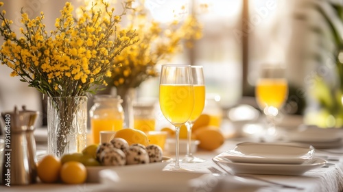 Table Set for Brunch With Drinks, Fruits, and Flowers During Daylight Hours