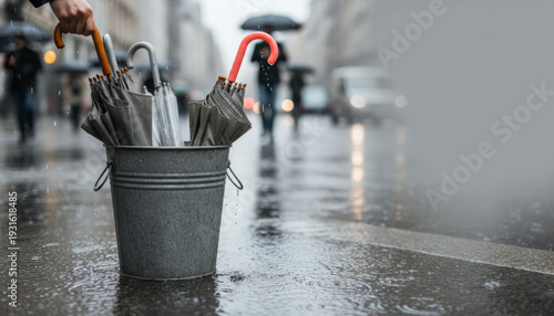 Bucket filled with umbrellas on a rainy city street, capturing the mood of inclement weather and urban life