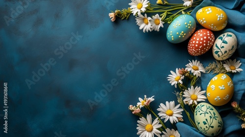 Bright Colored Eggs and Flowers Arranged on a Blue Surface for an Easter Cele...