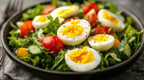 Fresh Salad With Eggs and Vegetables Served on a Plate in a Kitchen Setting