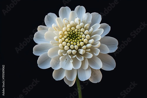 Delicate white chrysanthemum flower blooms gracefully against a stark black backdrop, showing its beauty