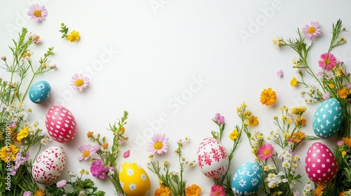 Colorful Easter Eggs With Flowers Arranged on a White Background During Sprin...