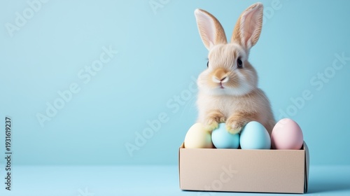 Cute Bunny Sits in a Box With Colorful Eggs During Easter Celebration