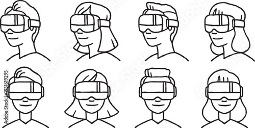 Minimalist collection of eight line art icons featuring men and women wearing virtual reality (VR) headsets from front and side perspectives.