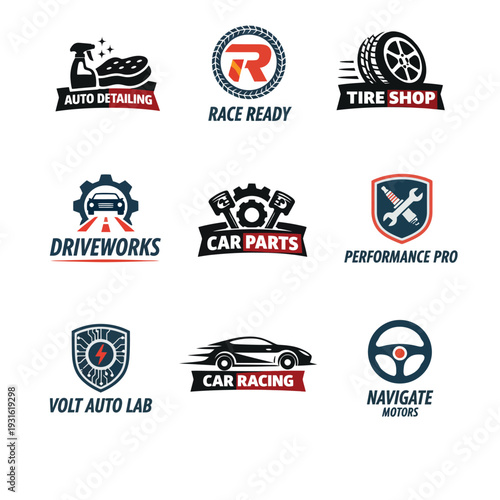 Set of automotive service logos. Vector icons for auto detailing, tire shop, car racing, and EV repair. Modern branding emblems for mechanic workshops, car parts, and transportation business
