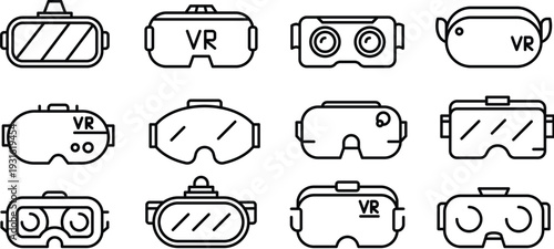 Collection of 12 minimalist line art icons representing various styles and designs of virtual reality (VR) headsets and smart goggles.